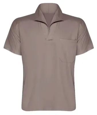 Camisa Profissional em Brim Manga Curta Com Gola Italiana Cor Cinza